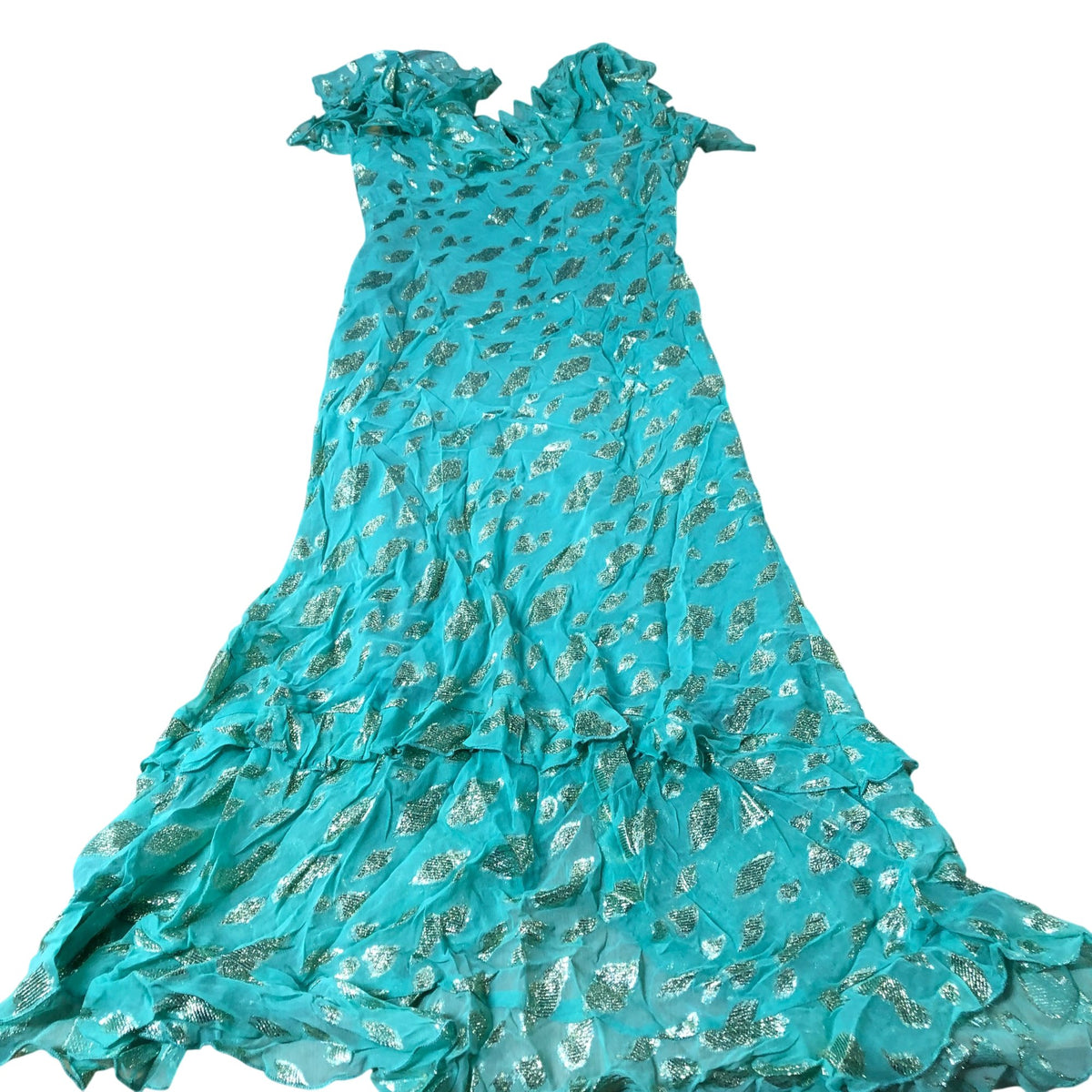 Dress Women's Ruffled V Neck Teal With Gold Foil Detailing UK14