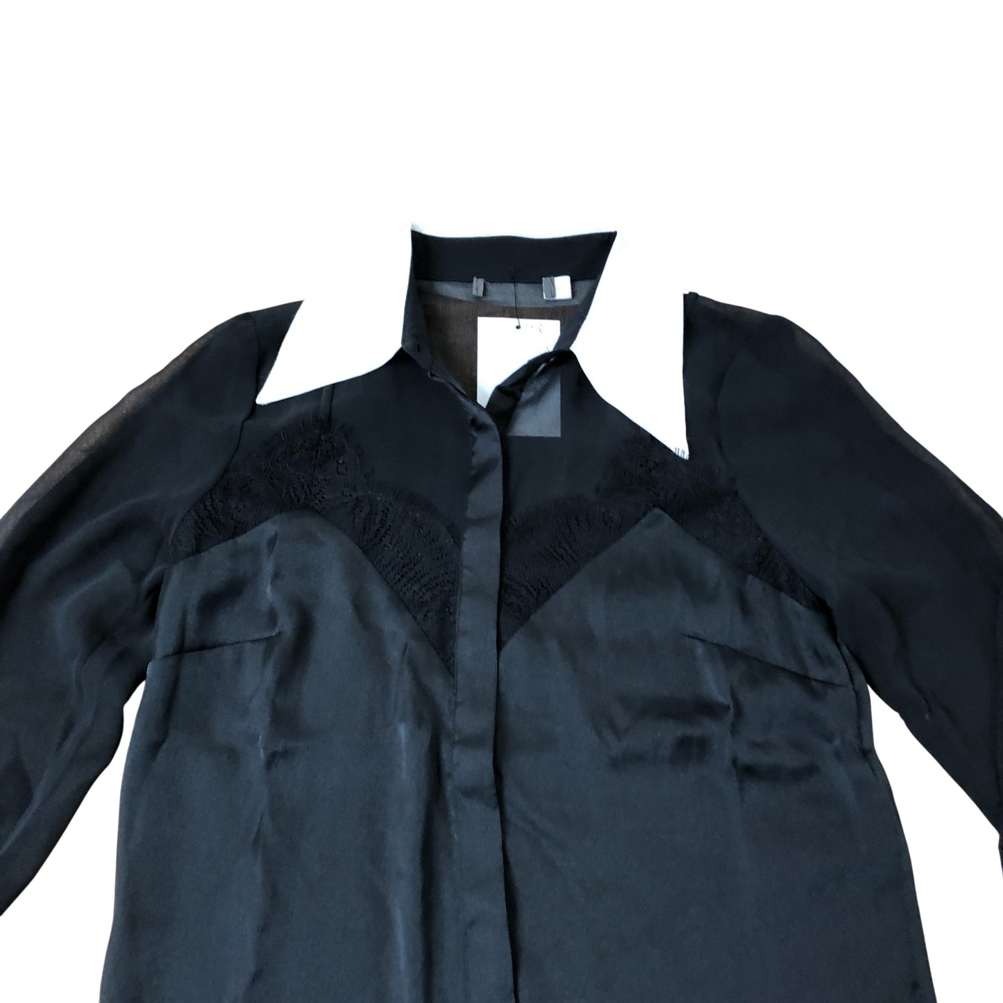 Branded Black Shirt UK8 Women's Long Sleeve Sheer Satin with White Collar