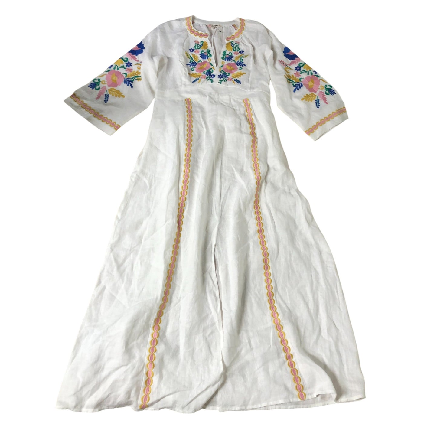 Embroidered Maxi Dress Size 14 Women's Floral White Linen Long Sleeve