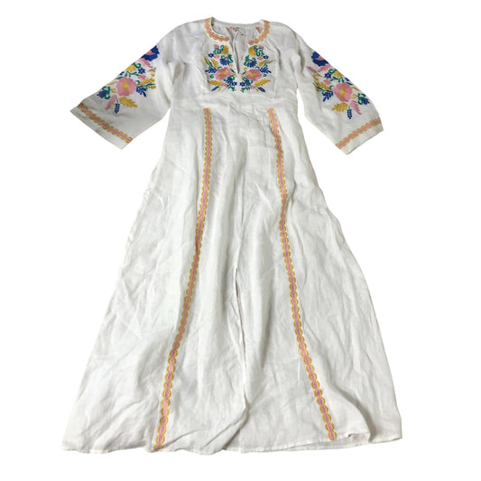 Embroidered Maxi Dress Size 14 Women's Floral White Linen Long Sleeve