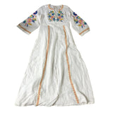Embroidered Maxi Dress Size 14 Women's Floral White Linen Long Sleeve