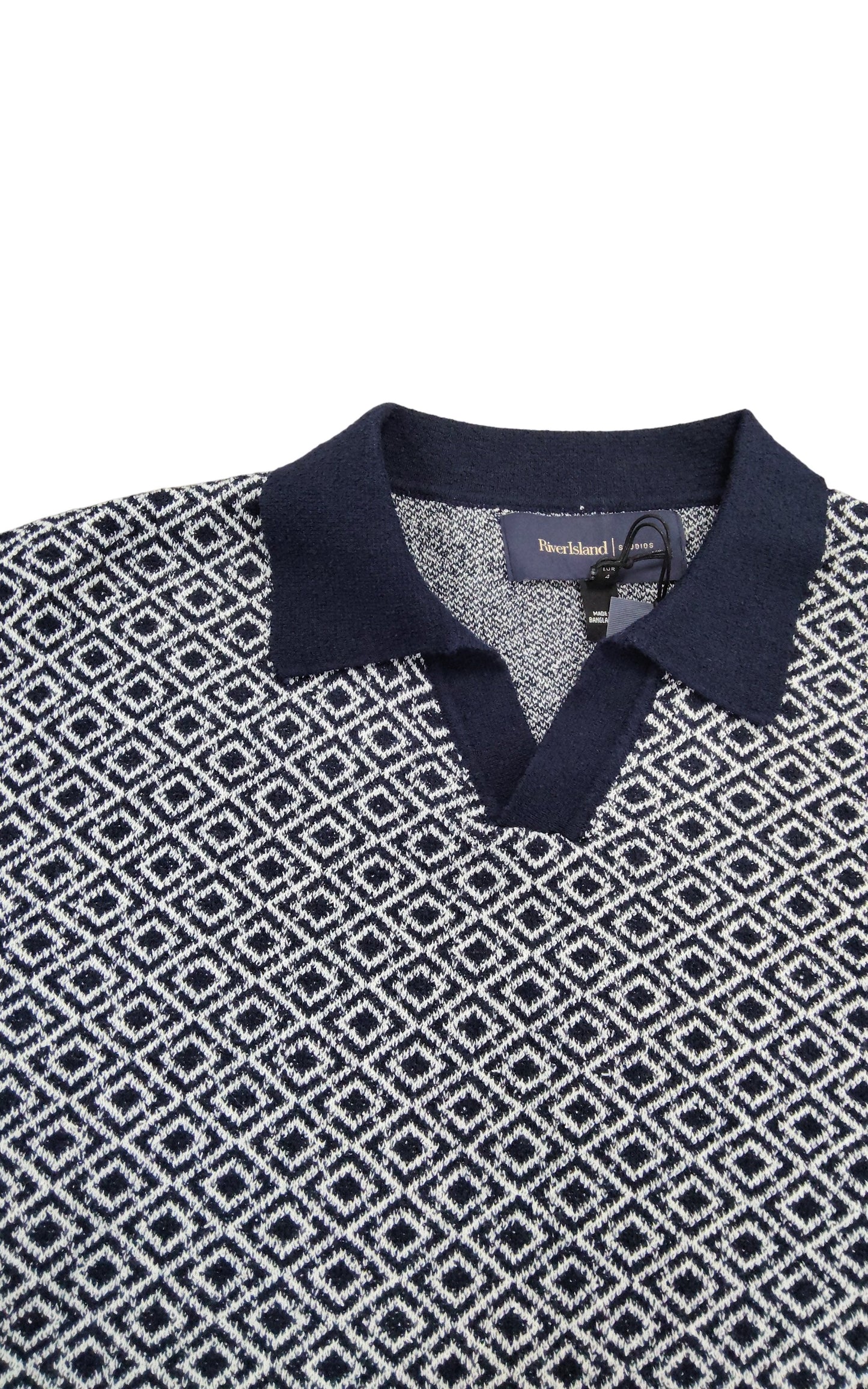 River Island Men's Large V Neck Polo Shirt Navy White Diamond Pattern