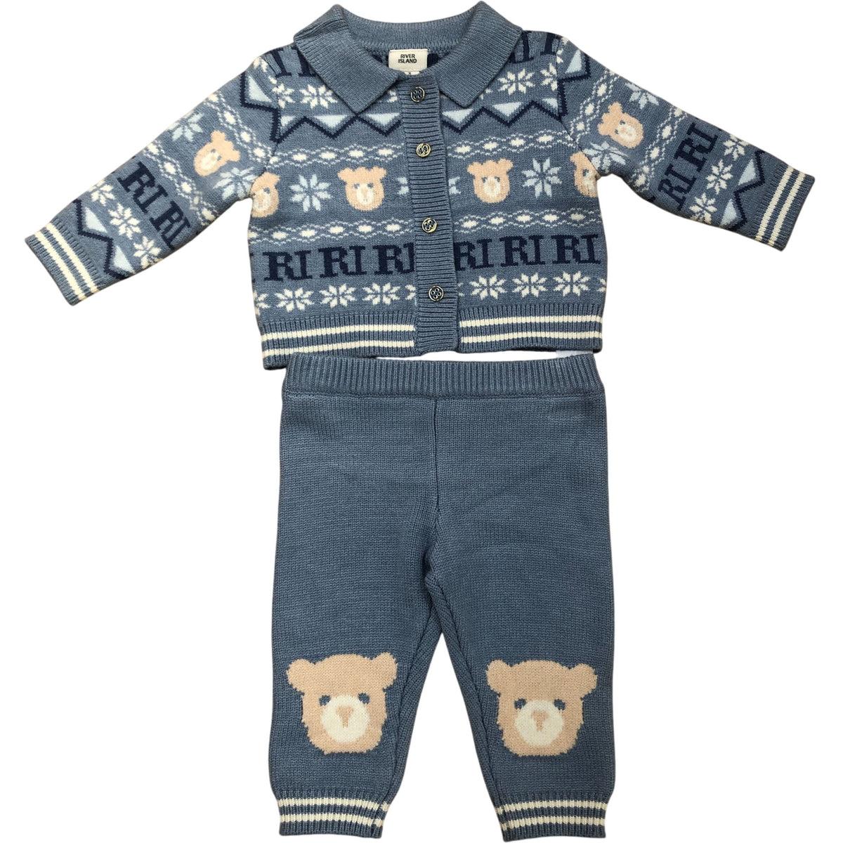 River Island Baby Toddler Knitted Set Bear Pattern Cardigan Pants 0-3 Months