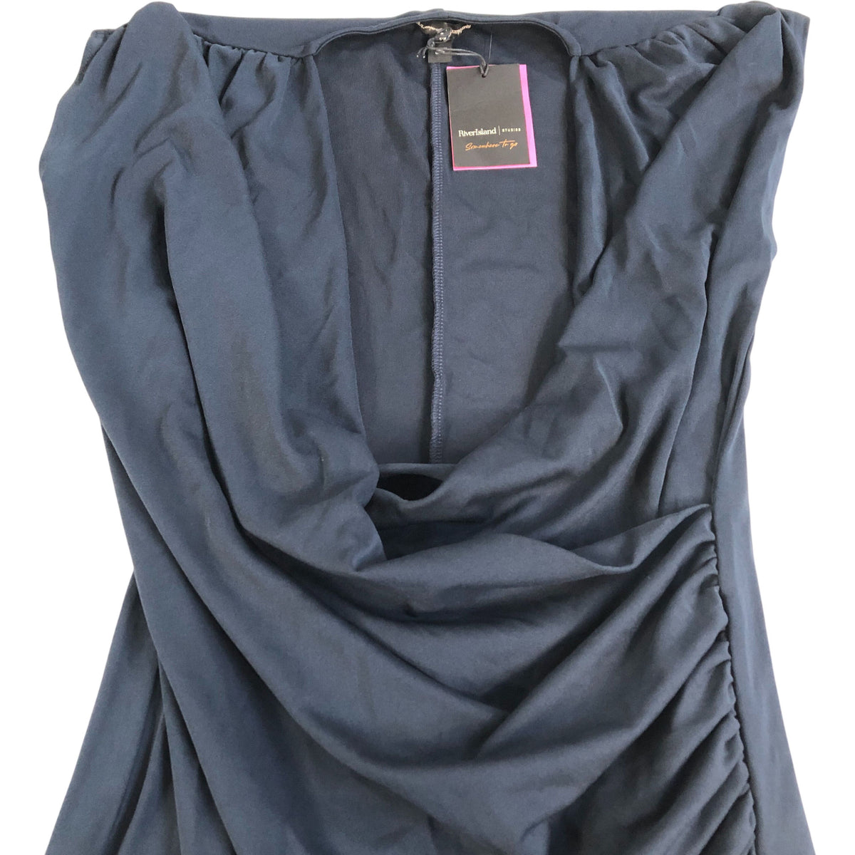 River Island Summer Dress UK10 Women's Cowl Neck Navy Blue Ruched Casual