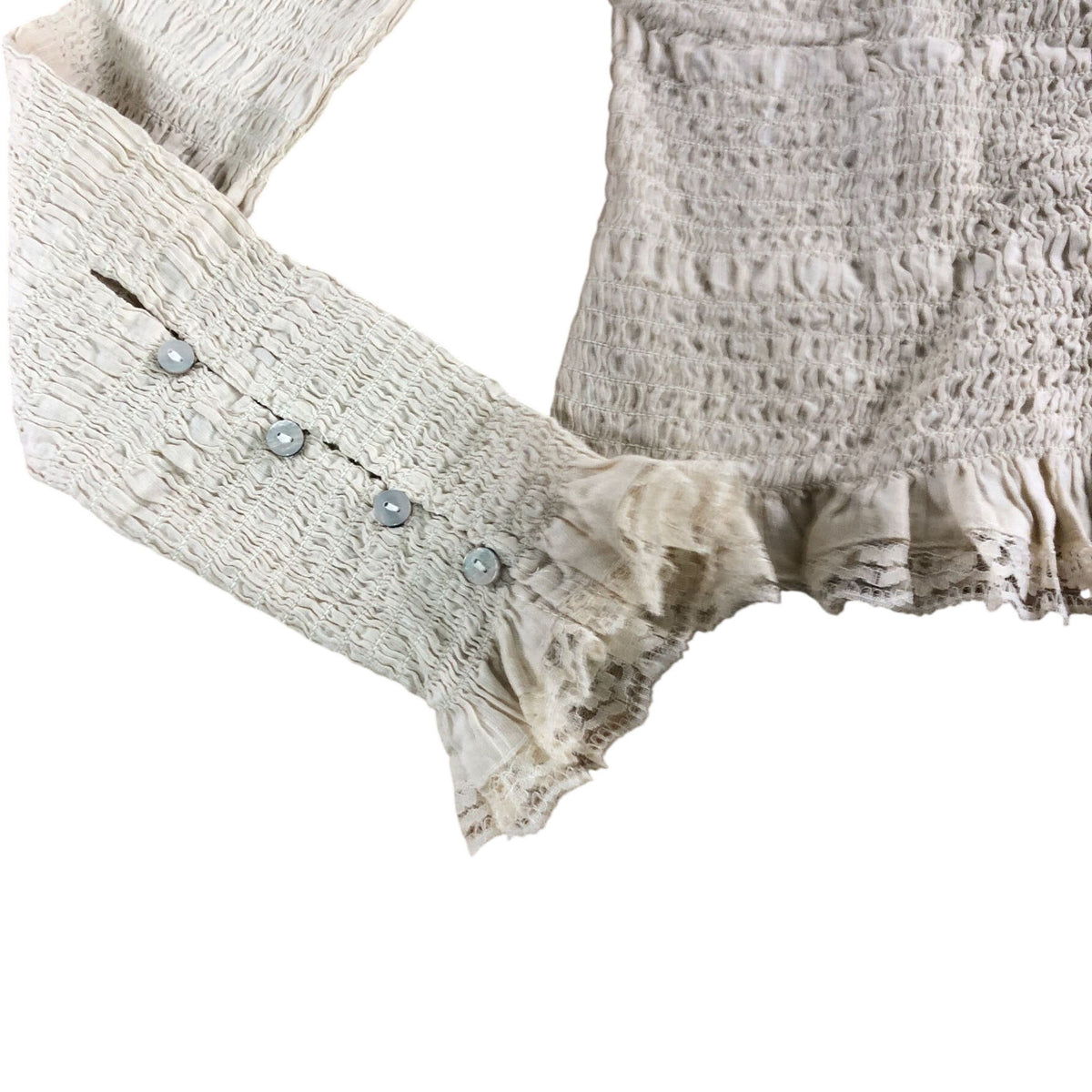 Women's Beige Smocked Long Sleeve Blouse Frill Details