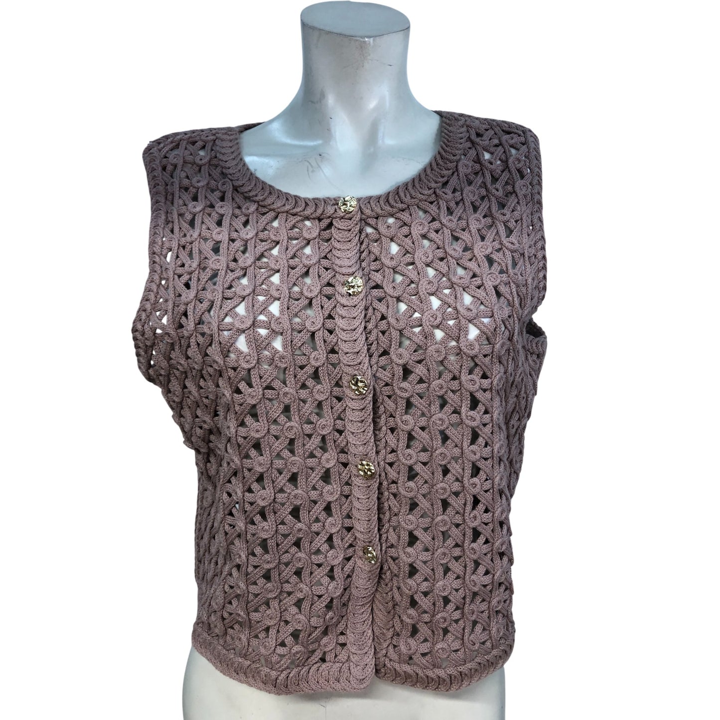 River Island Women’s Cardigan Size L Beige Dark Crocheted Knit Vest Top