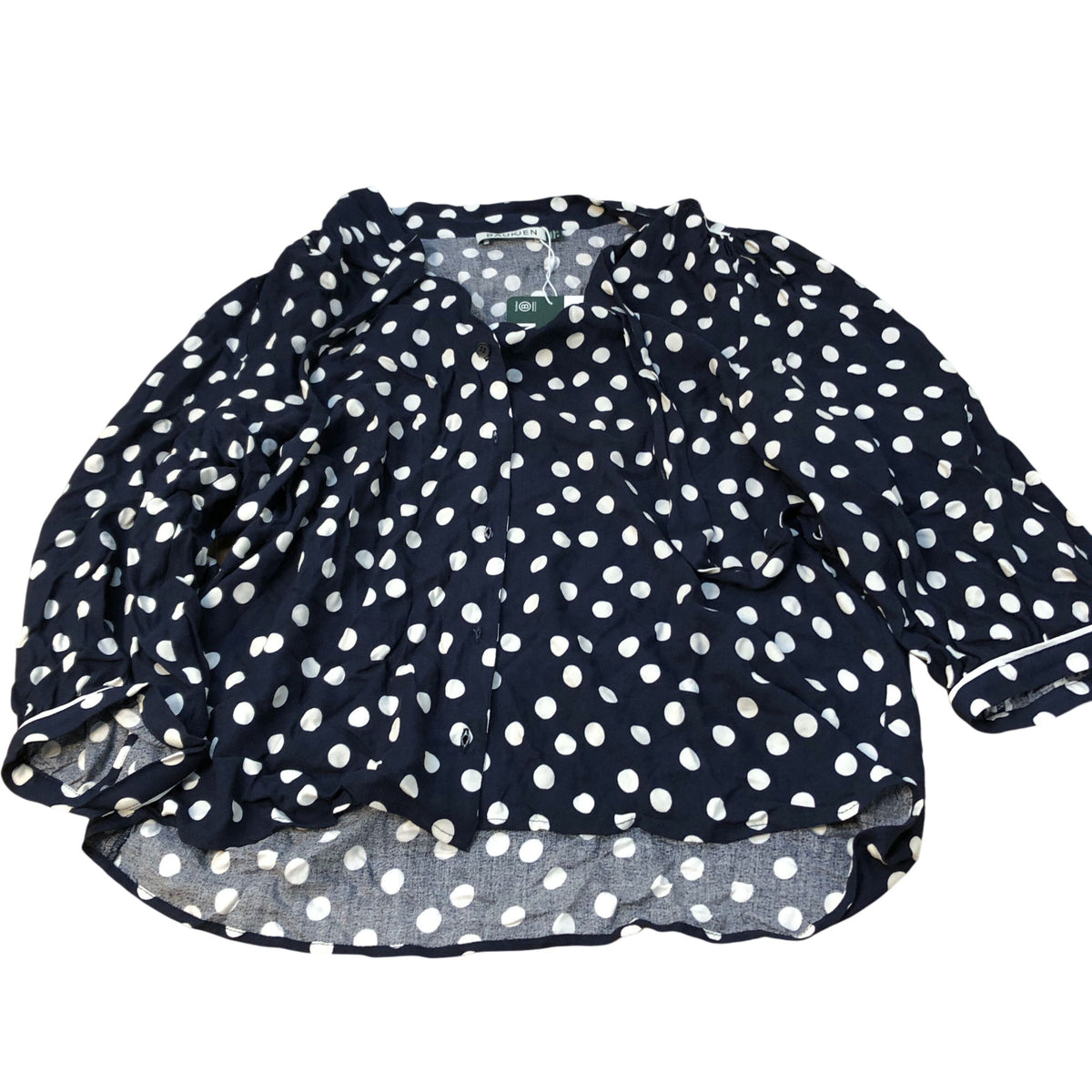 Baukjen Polka Dot Blouse Size 16 Women's Viscose Navy Blue Button Up Shirt