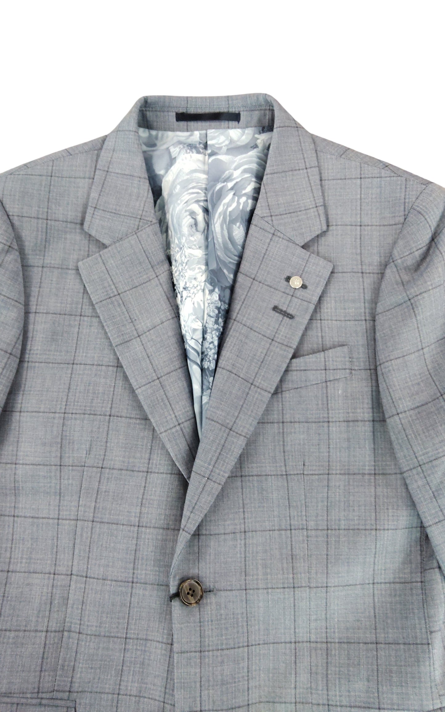 River Island Suit Jacket UK36 R Men's Grey Check Formal Blazer with Floral Liner