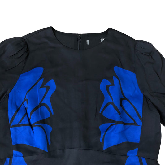 Blue & Black Floral Print Long Sleeve Maxi Dress Women Size UK 12