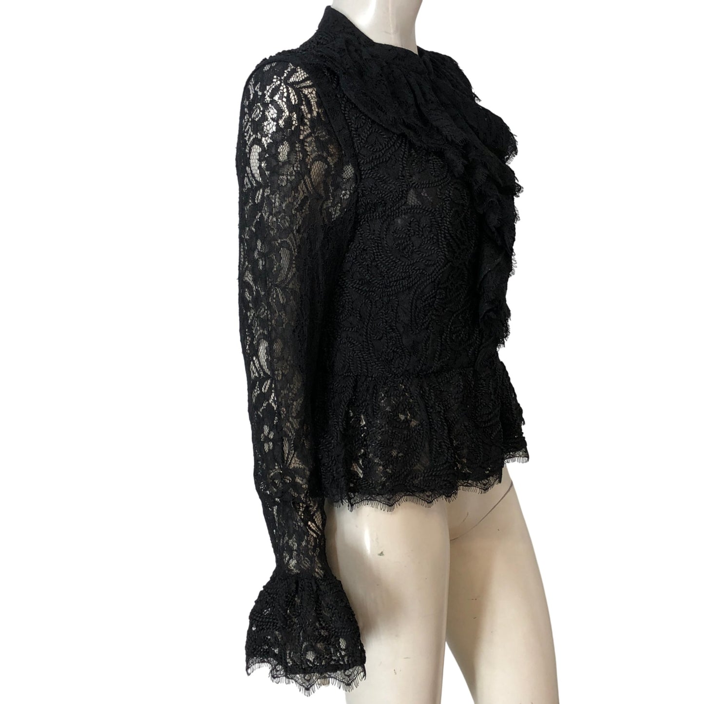 Branded Lace Peplum Blouse UK12 Women's Black Frill Detail Long Sleeve Top