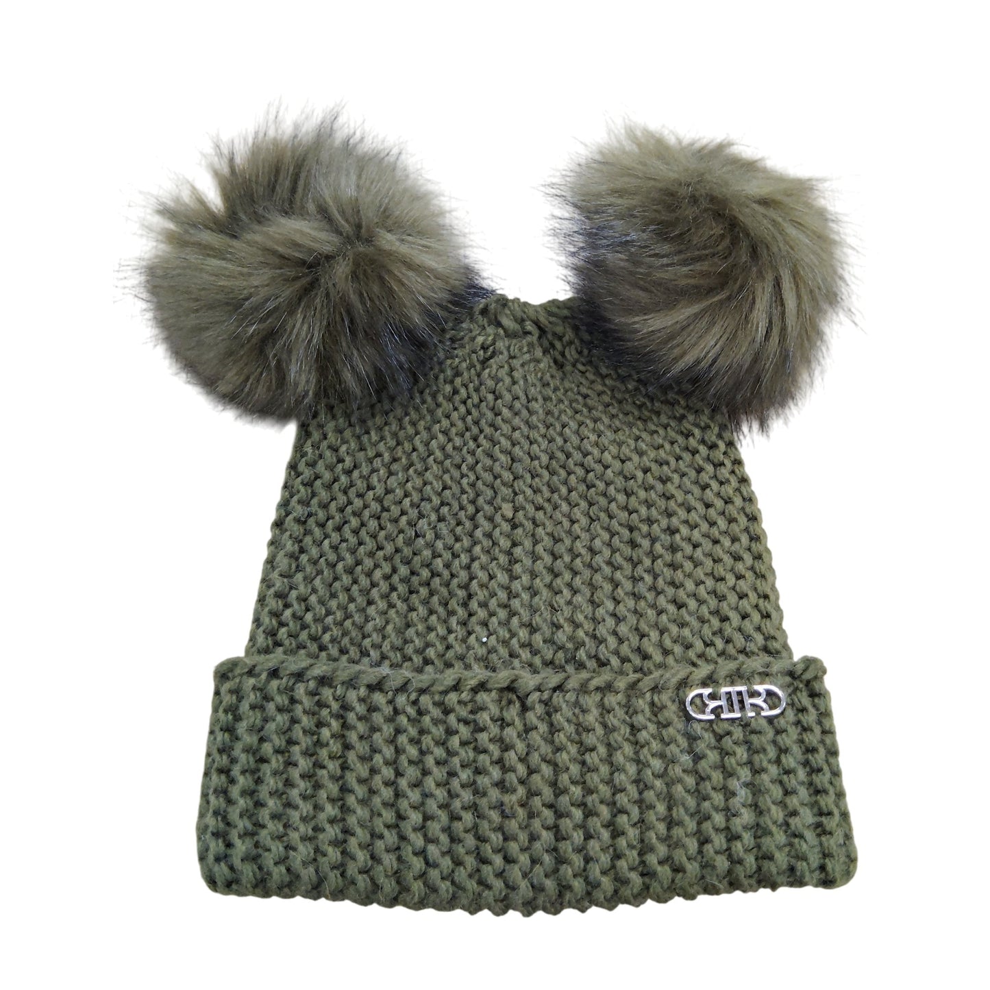 River Island Green Knit Beanie Hat With Faux Fur Pompoms Women's Winter Accessor