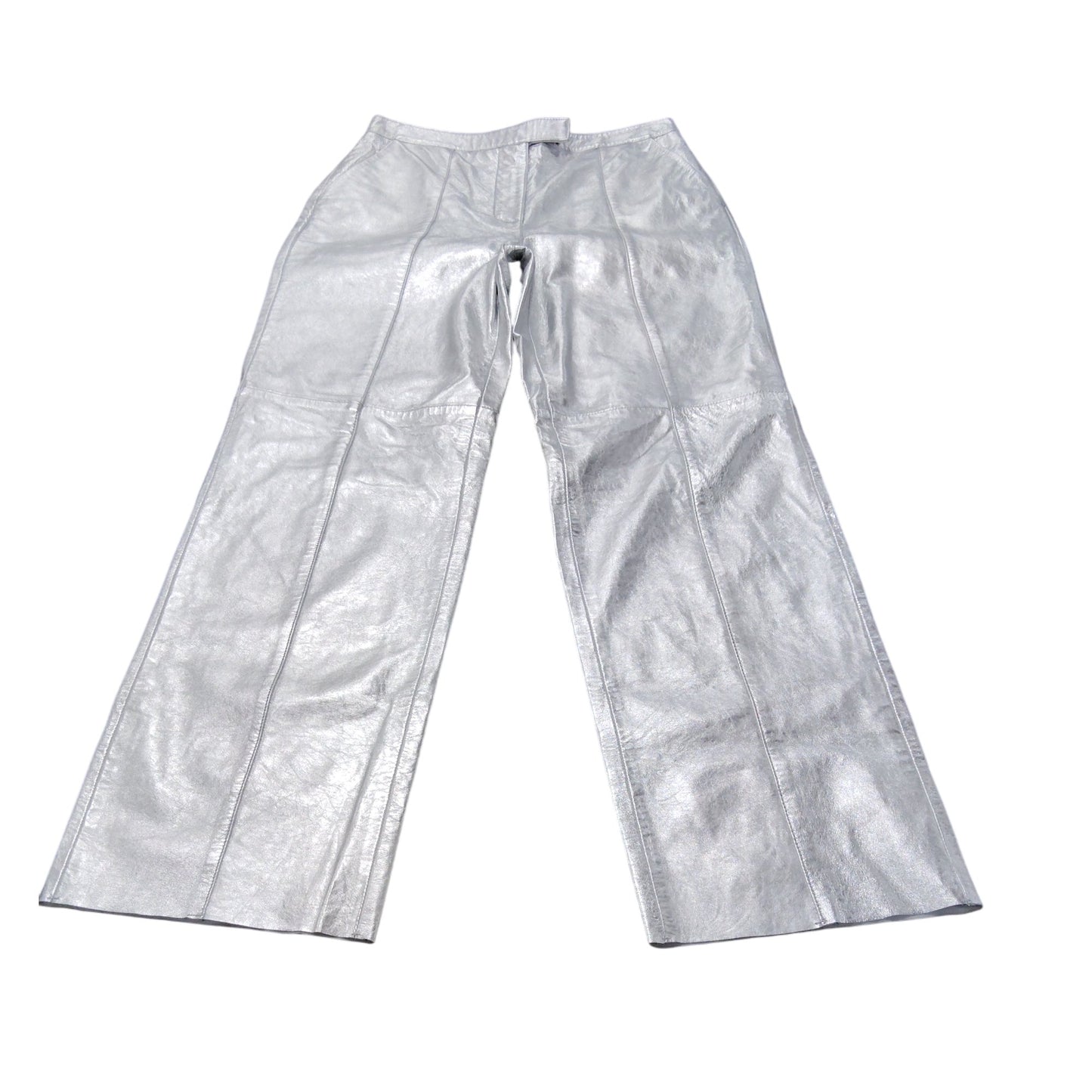 Stylish Metallic Silver Trousers UK12 Women's High Waist Flared Trousers
