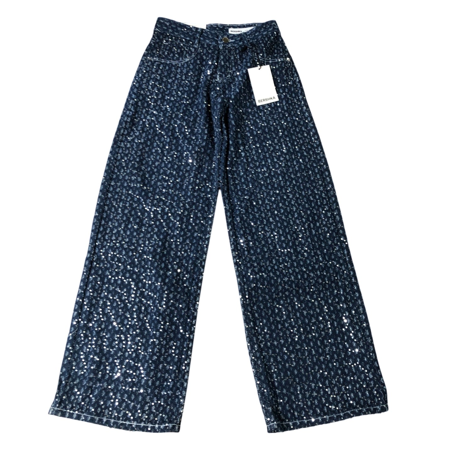 Bershka Sequin Wide Low Waist Jeans UK 4 Women's Stylish Denim Trousers