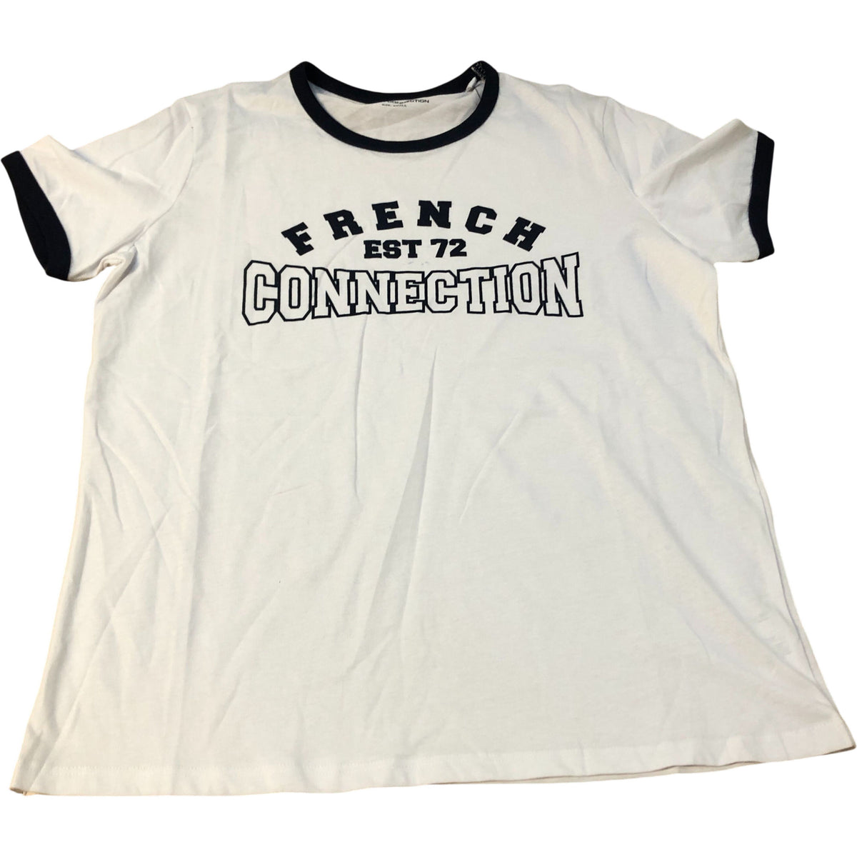 French Connection T-Shirt Small Women's Casual Cotton White Navy Trim