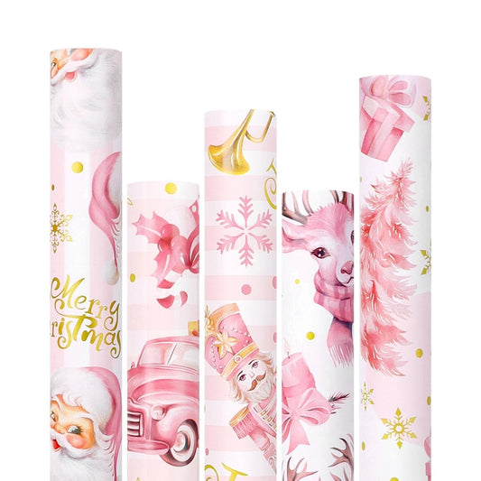 Zalaon Pink Christmas Wrapping Paper 5 Rolls of 3 Metres
