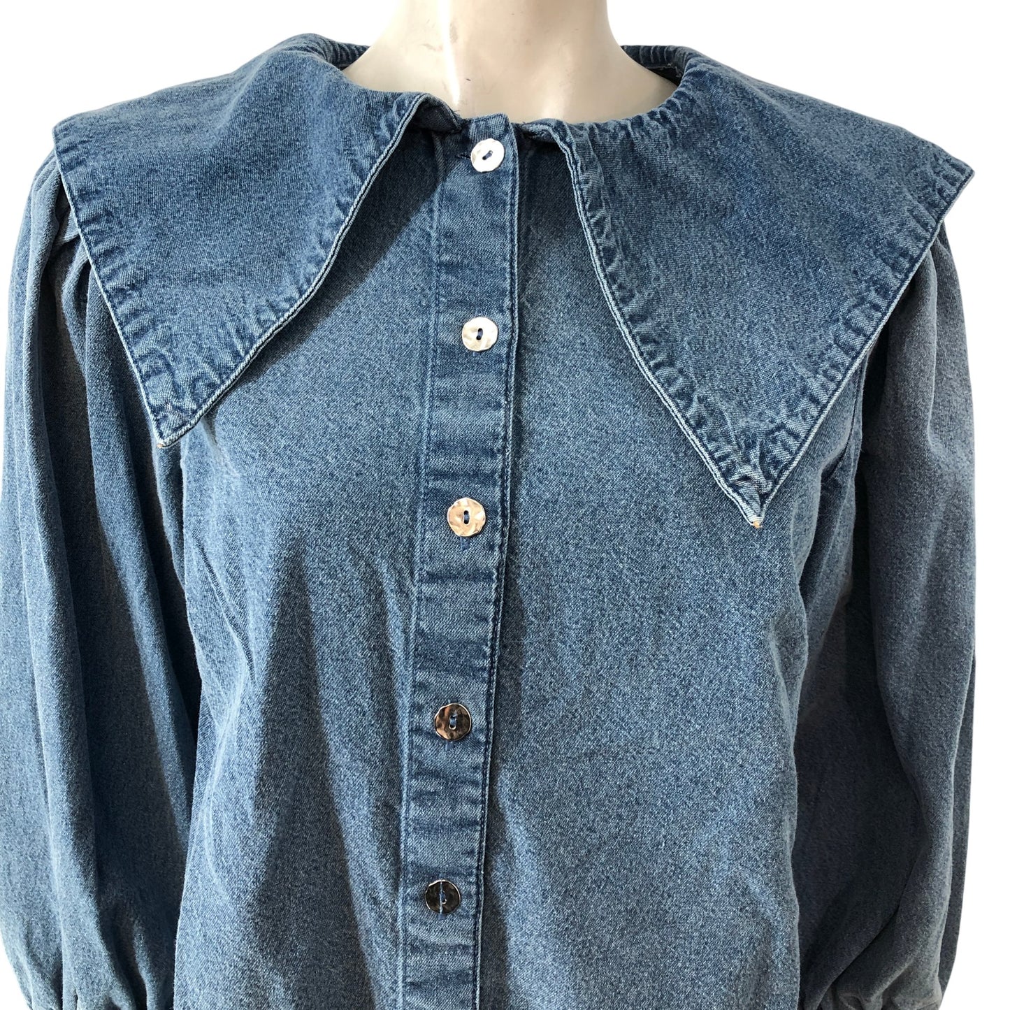 River Island Denim Heritage Blouse UK12 Women's Medium Blue Puff Sleeve