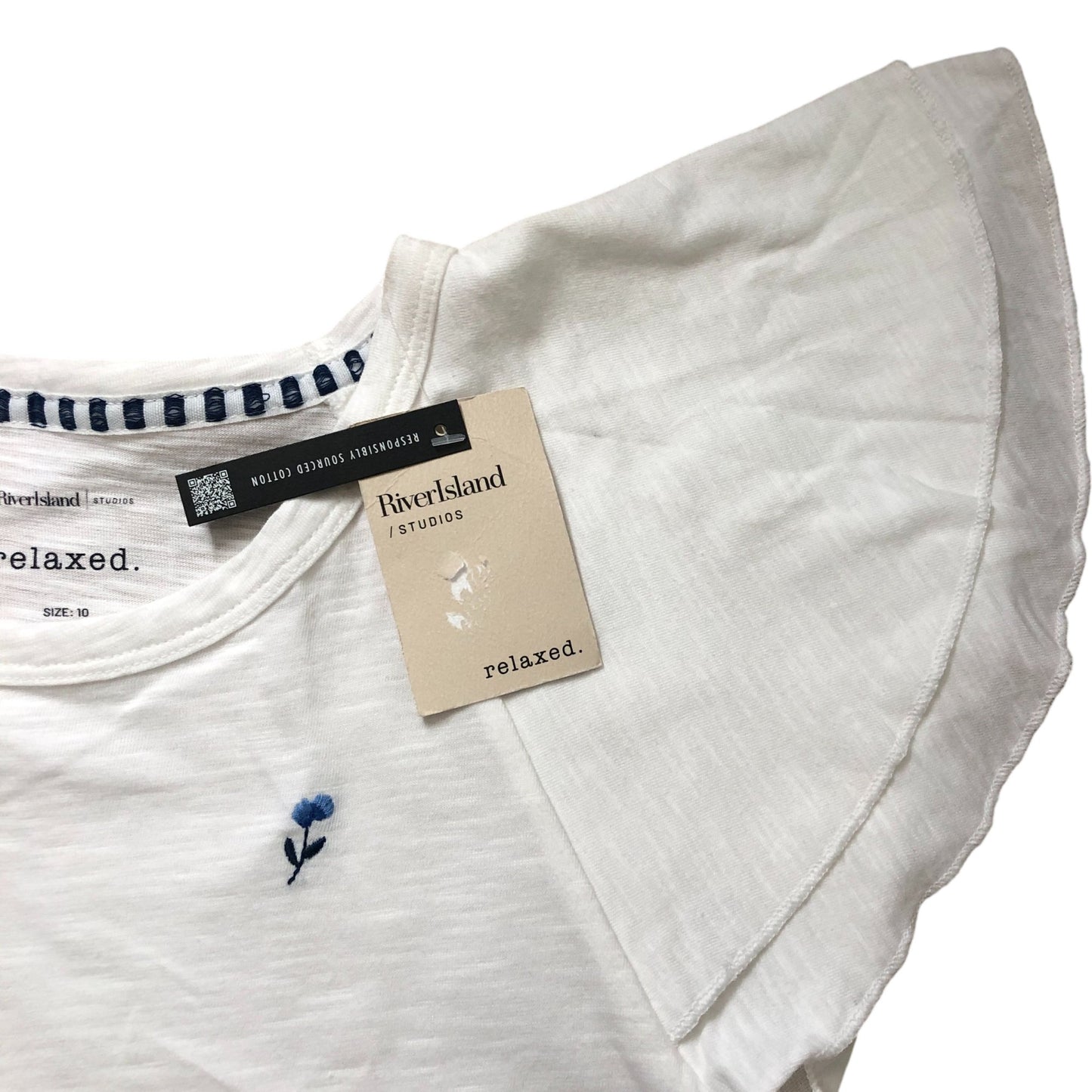 River Island Relaxed Size 10 Women's Floral Embroidered T-Shirt White