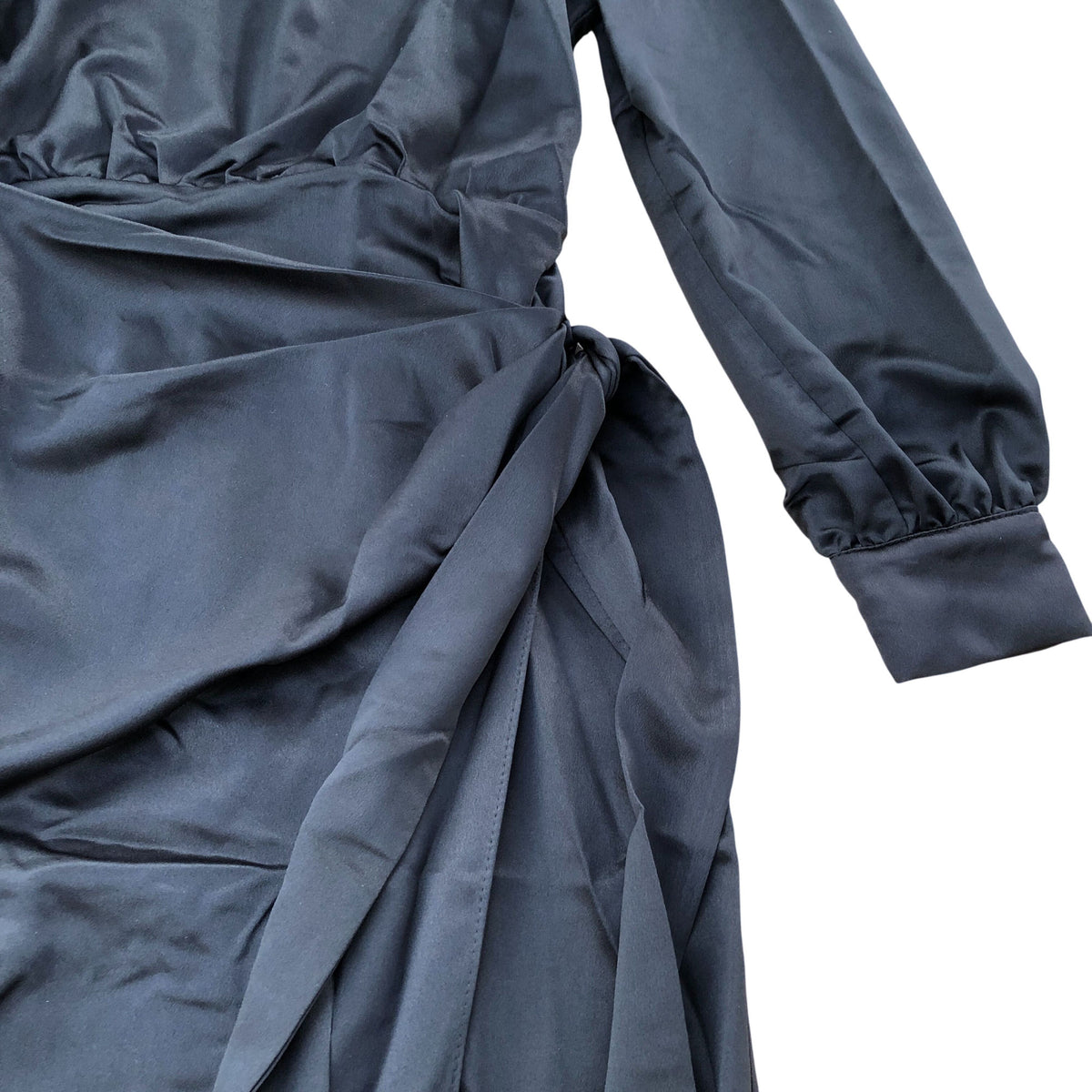 River Island Black Satin Midi Dress Puff Sleeve Size 6