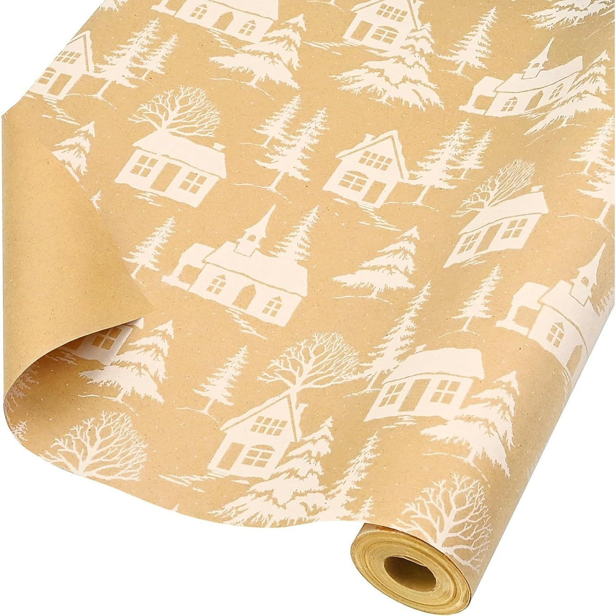 Decorative Brown Paper Christmas Wrap Winter Scene 12 Metre Roll