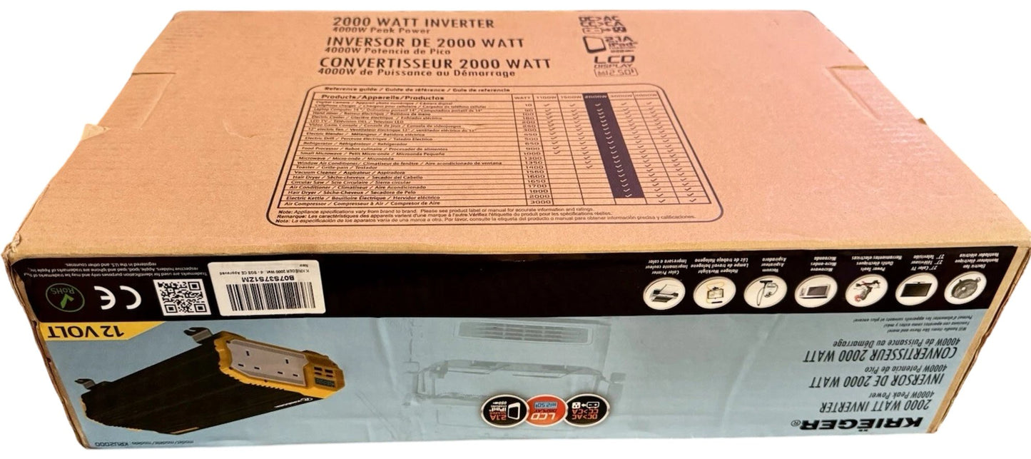 Krieger 2000 Watt Inverter 4000W Peak Power 12V DC to AC Converter LCD Display