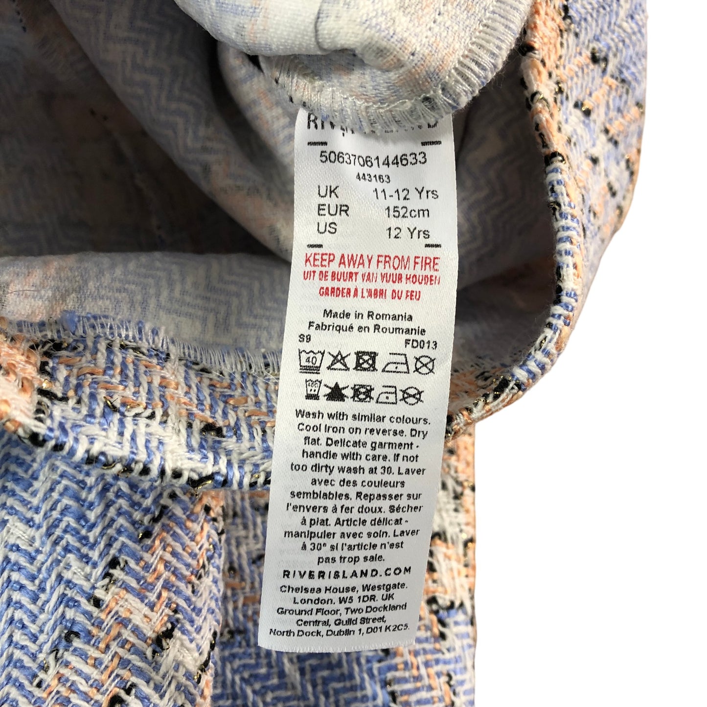 RIVER ISLAND Girls Tweed Mini Skirt Size 12 Years Light Blue Check Pattern