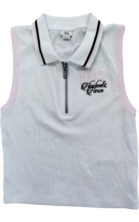 River Island Women's Golf Top Size 11 12 Short Sleeve Zip Collar White Pink
