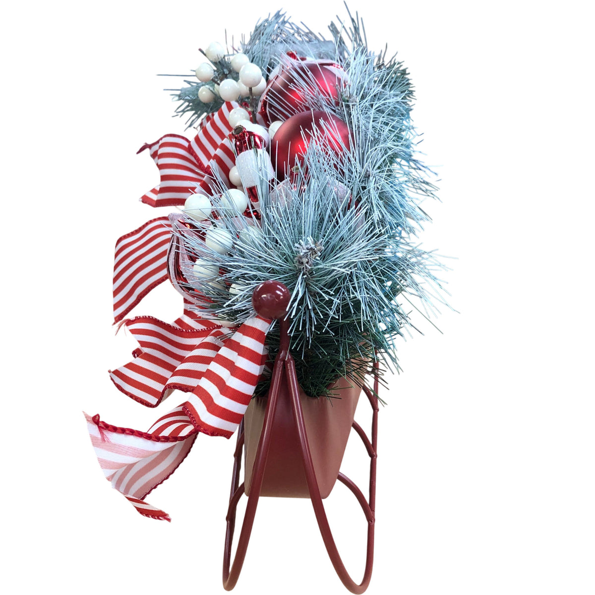 Festive Christmas Sleigh Decoration with Red Glitter Ornaments & Bows