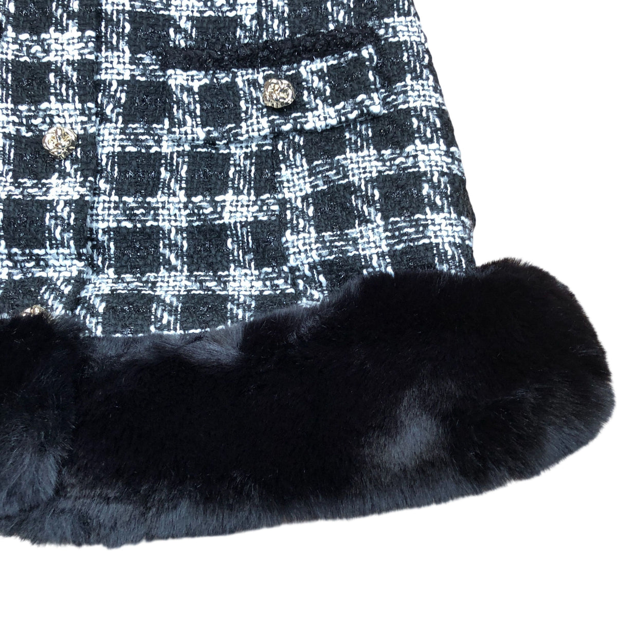 River Island Black White Checked Dress With Faux Fur Trim