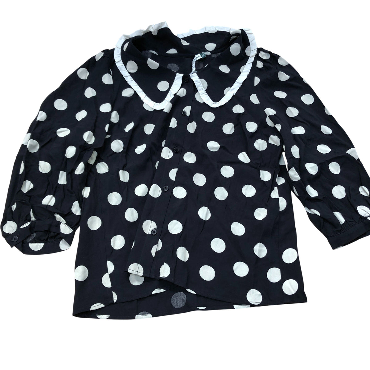 Baukjen Black Polka Dot Blouse UK10 Women's Ruffled Collar Button Up Top