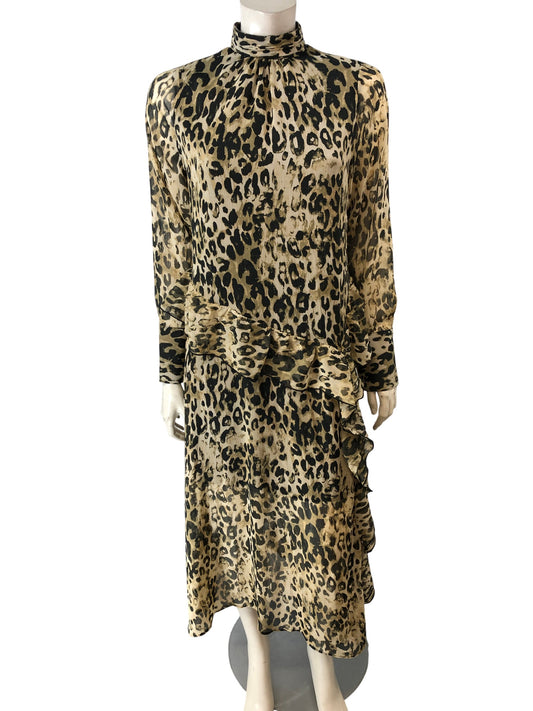 River Island Leopard Print Midi Dress Women High Neck Long Sleeve Size 8