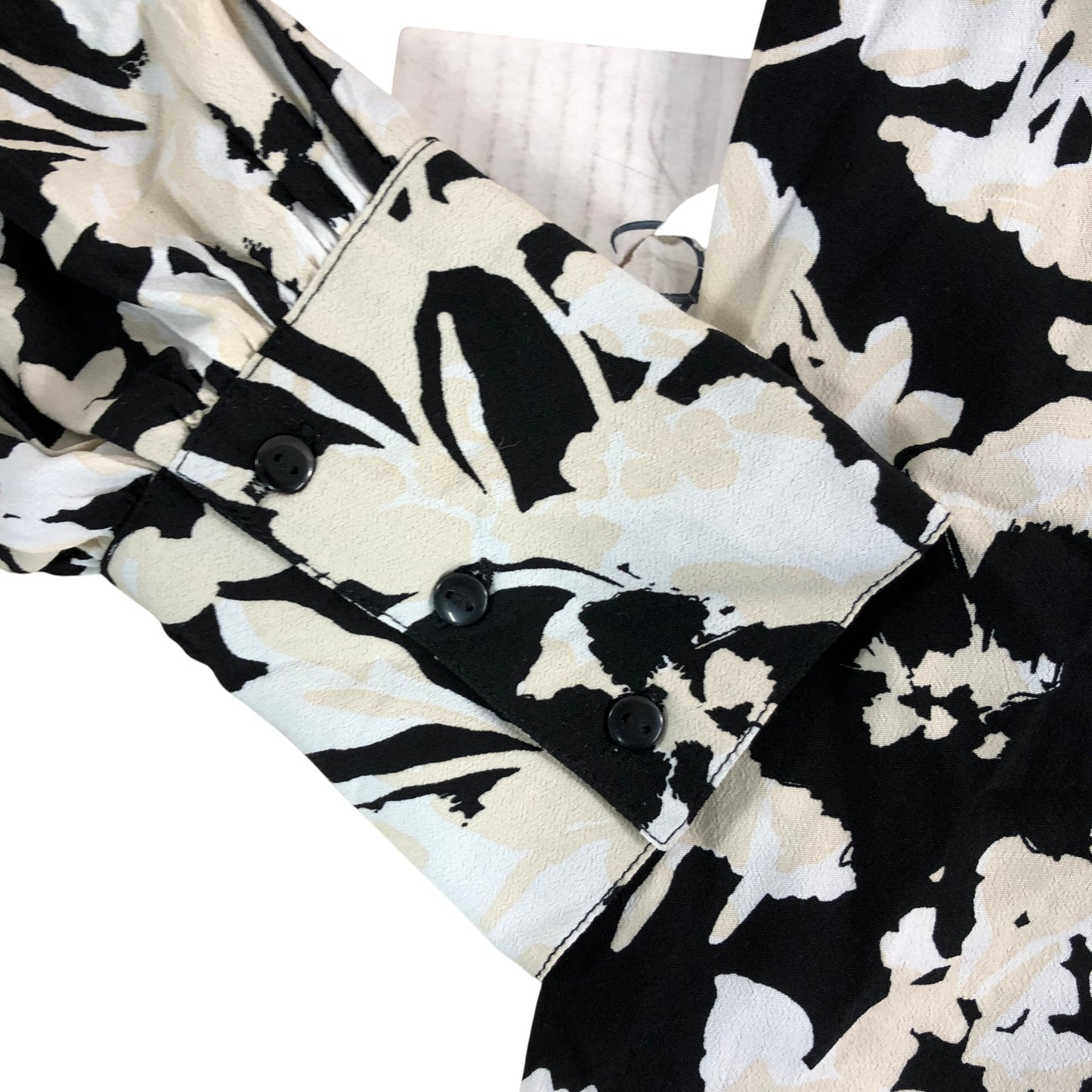 River Island Floral Print Blouse UK14 Women's Long Sleeve Black Cream Viscose