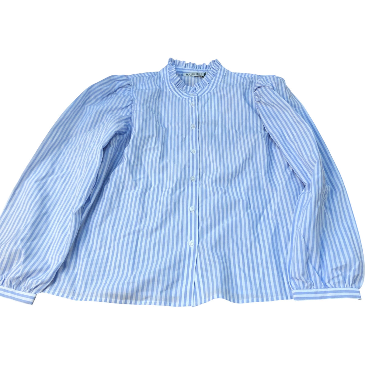 Baukjen Puff Sleeve Blouse UK14 Women's Blue Striped 100 Organic Cotton Top