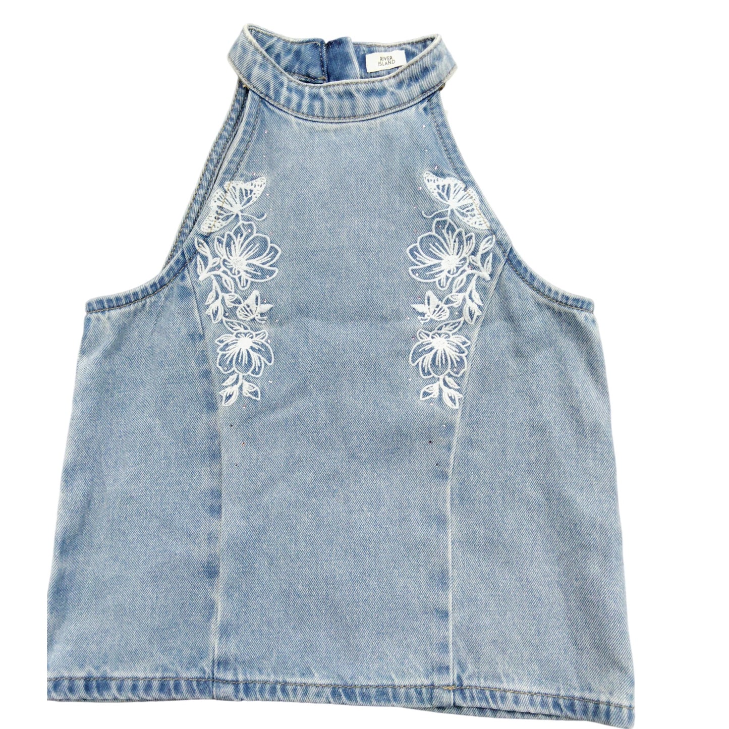 River Island Denim Sleeveless Top 10Yrs Women's Floral Embroidered Blue