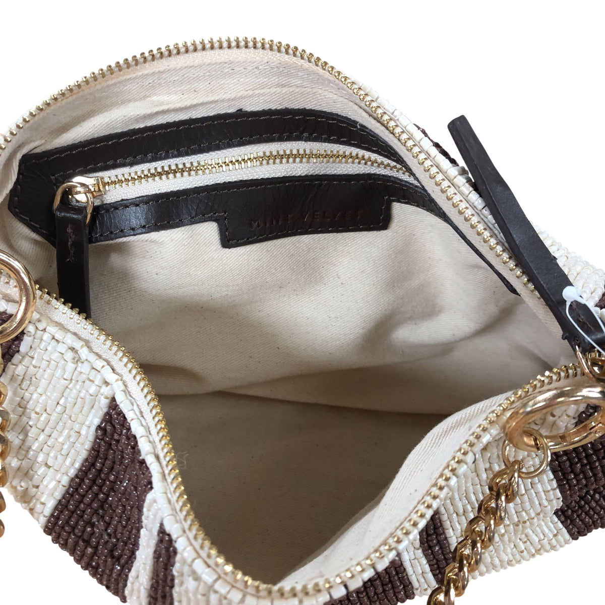 Isla Stripe Beaded Clutch Bag Brown & Cream Gold Handle