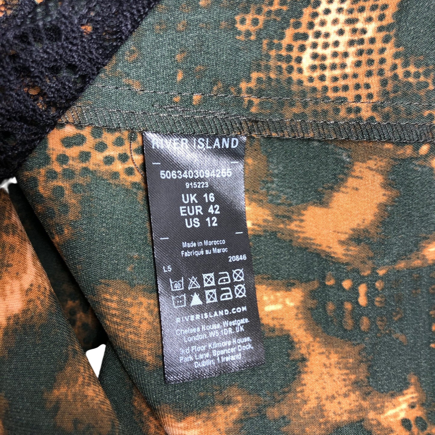 River Island Women's UK16 Green Animal Print Skirt With Black Lace Trim