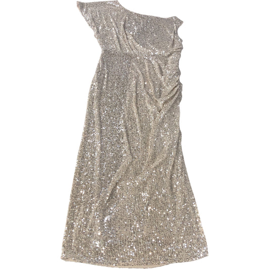 River Island UK12 Women's Sequin Evening Dress One Shoulder Beige Long Gown