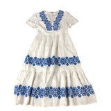 Floral Embroidered Dress UK12 Women's Linen Short Sleeve White Blue