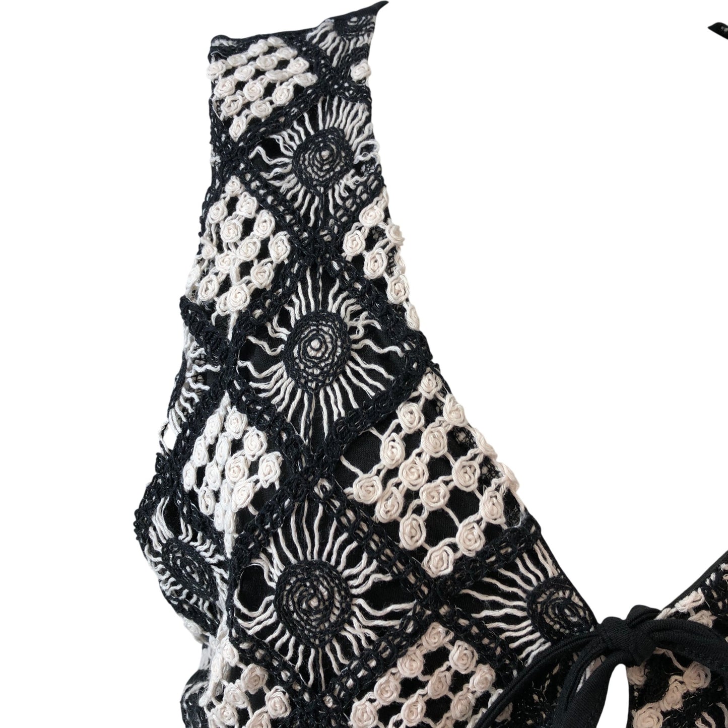 River Island Women's Crochet Vest Top UK L Black White Floral Design Vintage