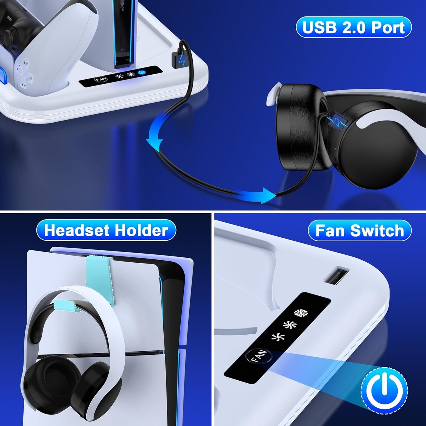 HEYLICOOL PS5 Slim Stand and Cooling Station with Dual Controller Charging