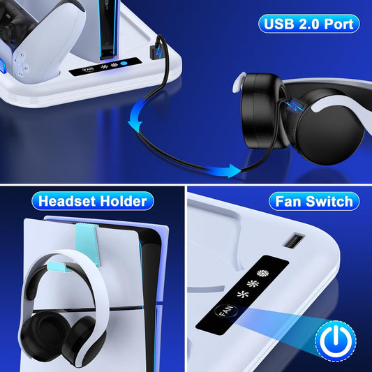 HEYLICOOL PS5 Slim Stand and Cooling Station with Dual Controller Charging