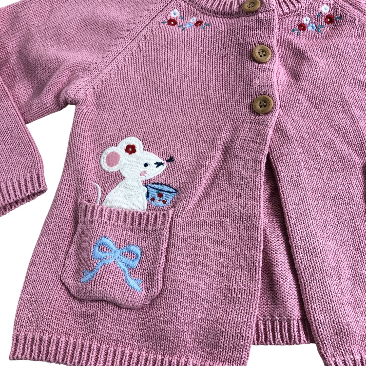 Girls Pink Mouse Pet Teapot Pocket Appliqué Cardigan 4-5 Years