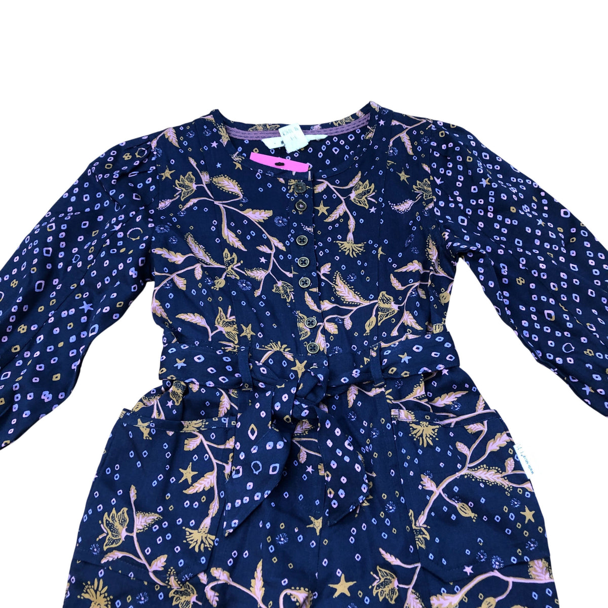 Floral Print Jumpsuit Girls Long Sleeve Lyocell Navy Blue