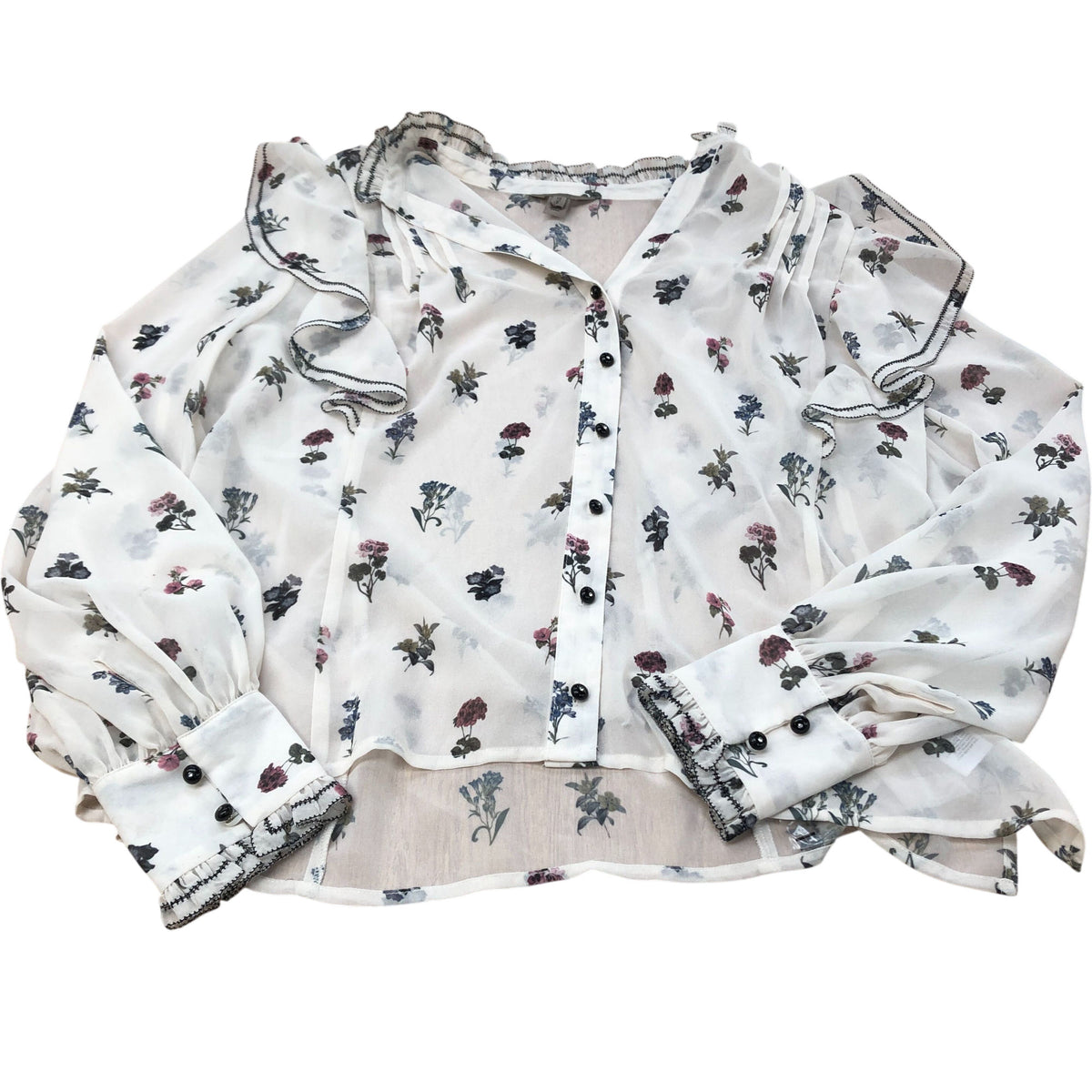 River Island Floral Blouse UK10 Women's Sheer Ruffle Long Sleeve White