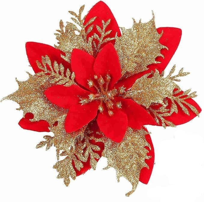 Red & Gold Artificial Poinsettia Christmas Decorations 12 Pieces