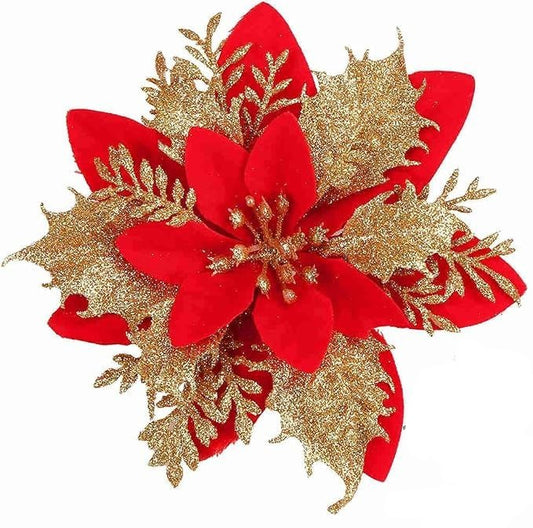 Red & Gold Artificial Poinsettia Christmas Decorations 12 Pieces
