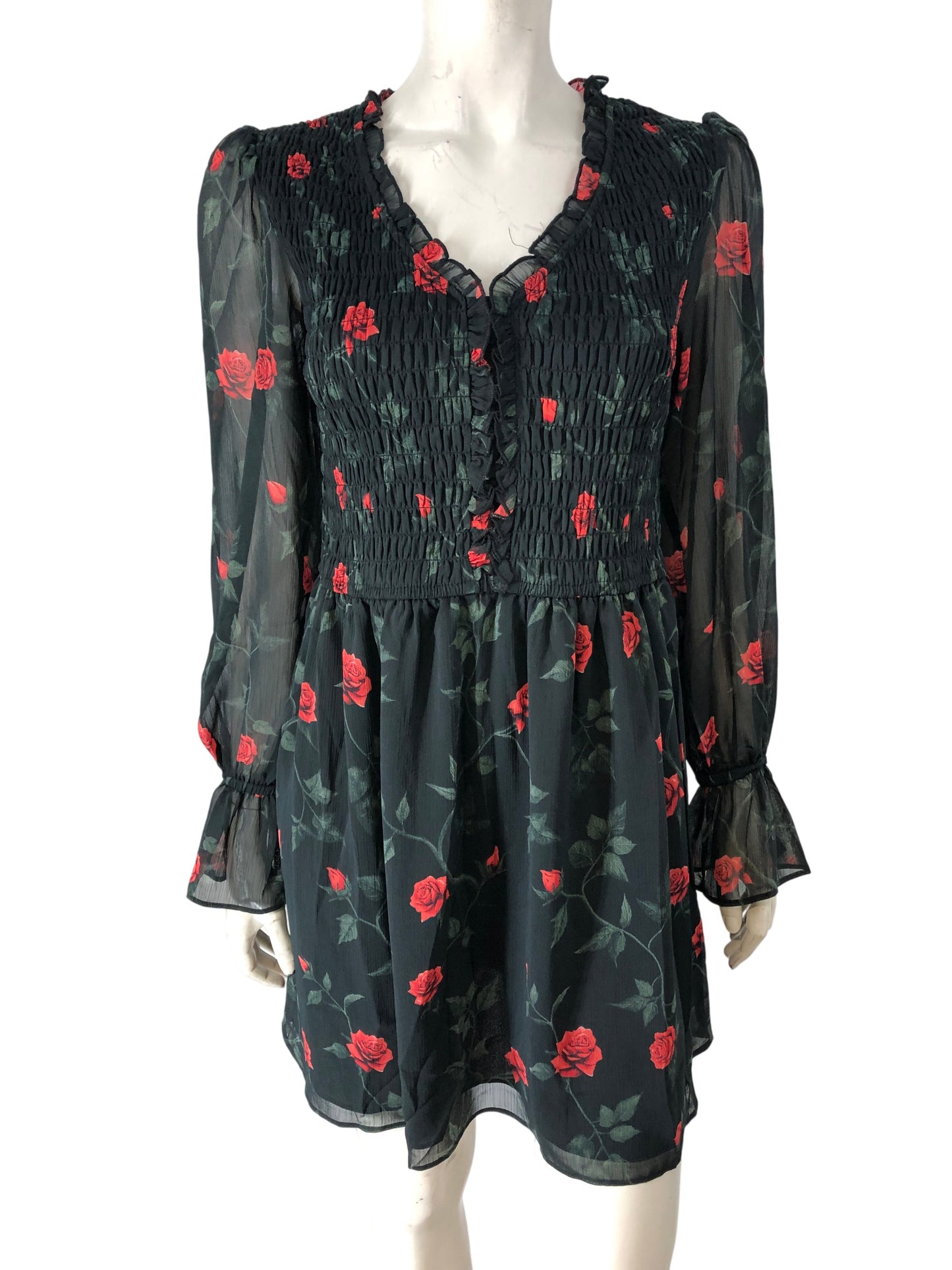 River Island Floral Smocked Dress UK8 Women's Long Sleeve Green Red Roses