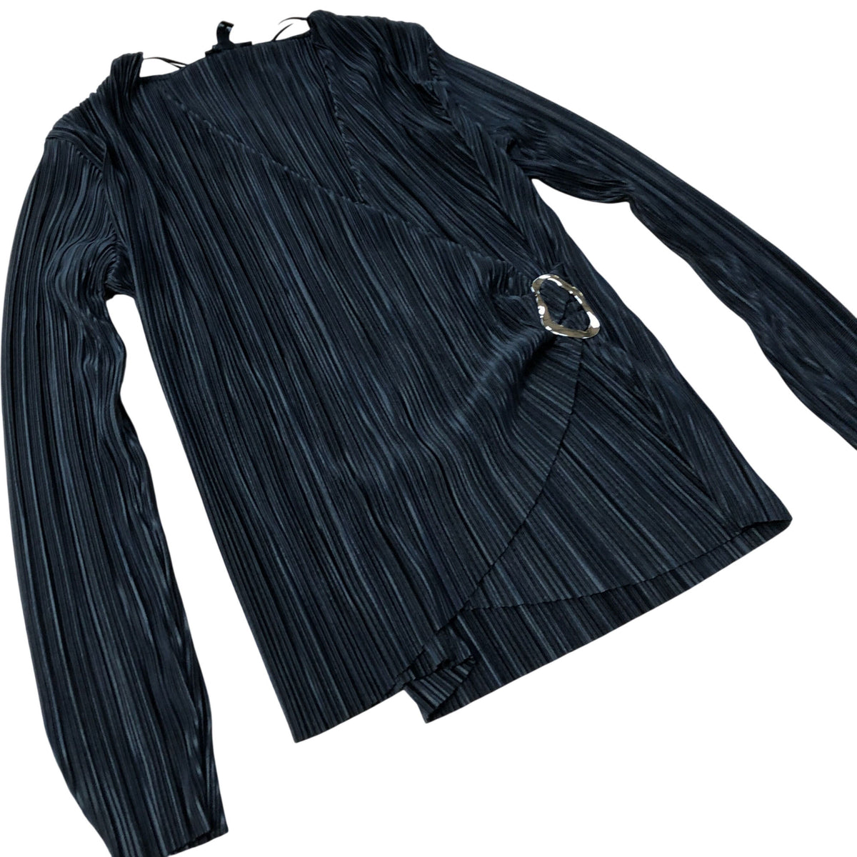 River Island Women's Long Sleeve Plisse Wrap Top Black With Ring Detail