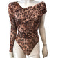 River Island Brown Leopard Print Bodysuit UK8 Women's One Sleeve Ruched Top