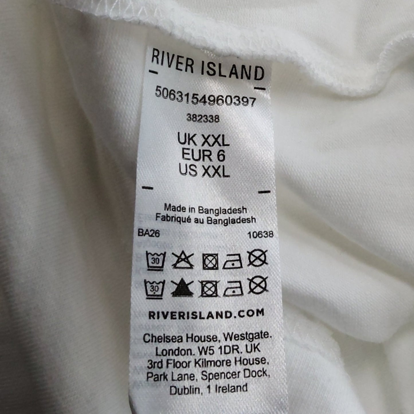 River Island Muscle Fit V Neck T Shirt UK XXL White Short Sleeve Men's Top