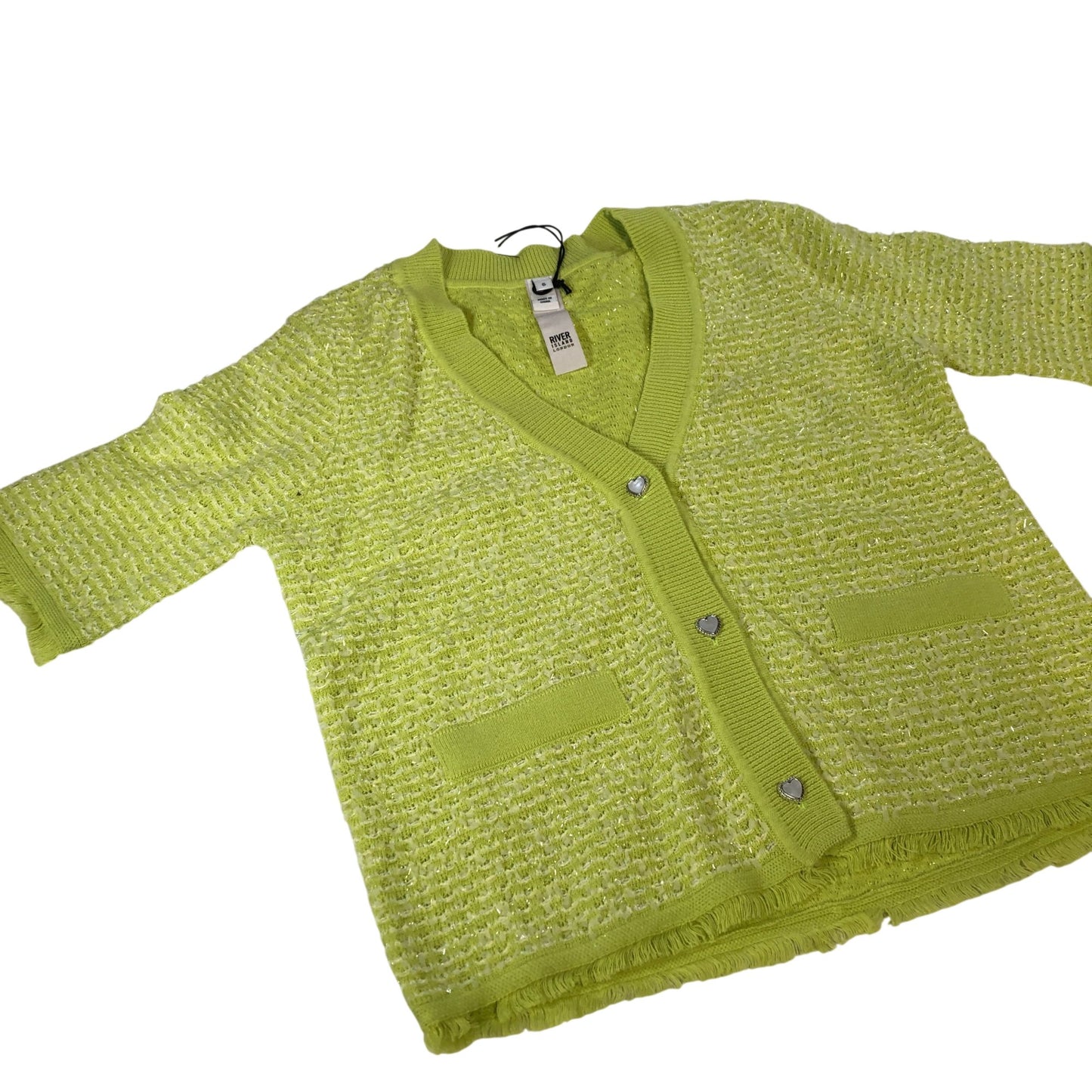 River Island Size 6 Women's Lemon Green Short Sleeve Button Cardigan